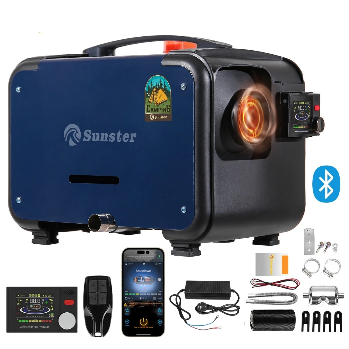 8 kW 12 V 24 V Diesel-Lufterhitzer, tragbare Bluetooth-Standheizung mit 220 V-Adapter und LCD-Panel,
