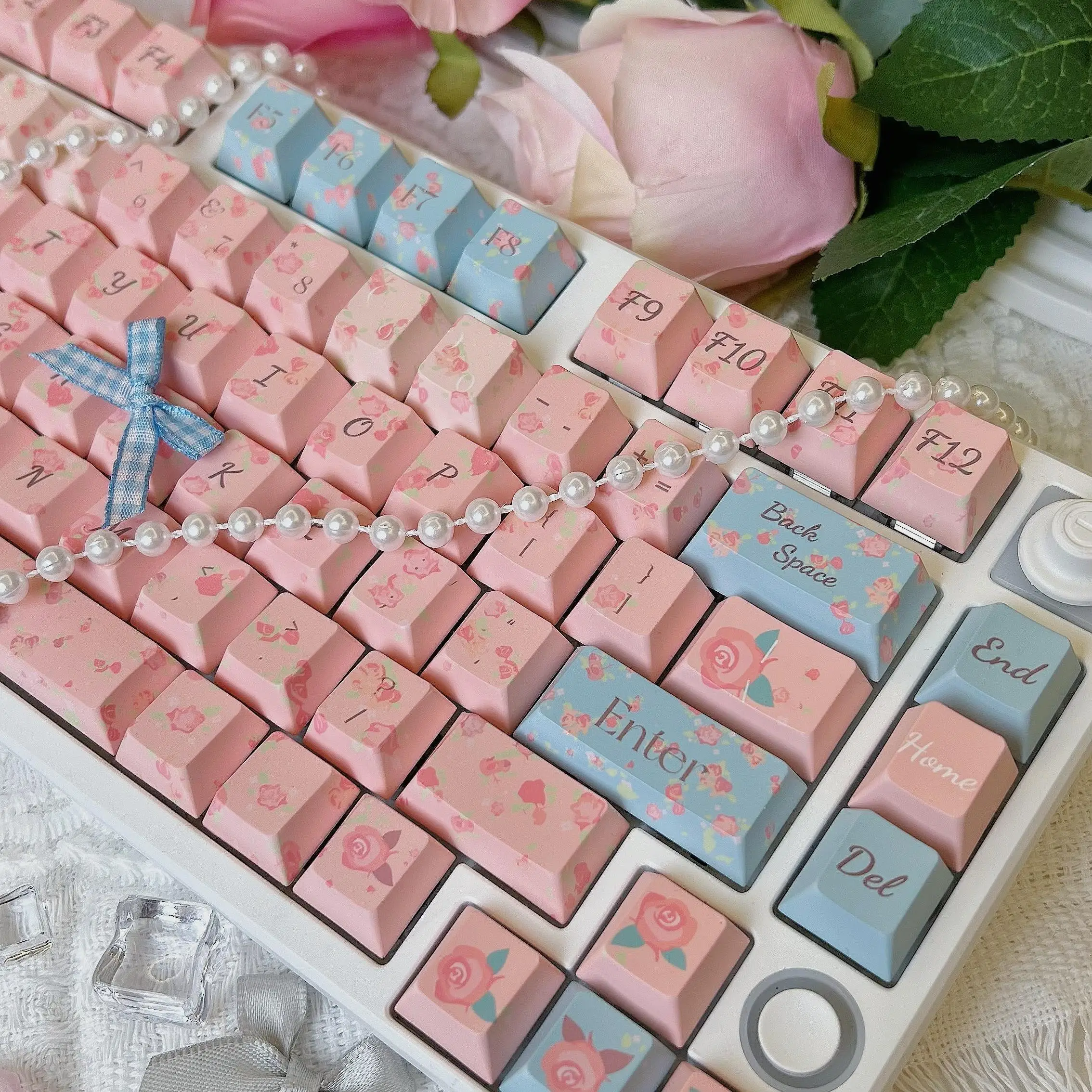 Rose Sea Keycaps Pink Cute Flowers French Style Romantic Rose Blue Contrast Keycap Set 138keys Alice keycaps