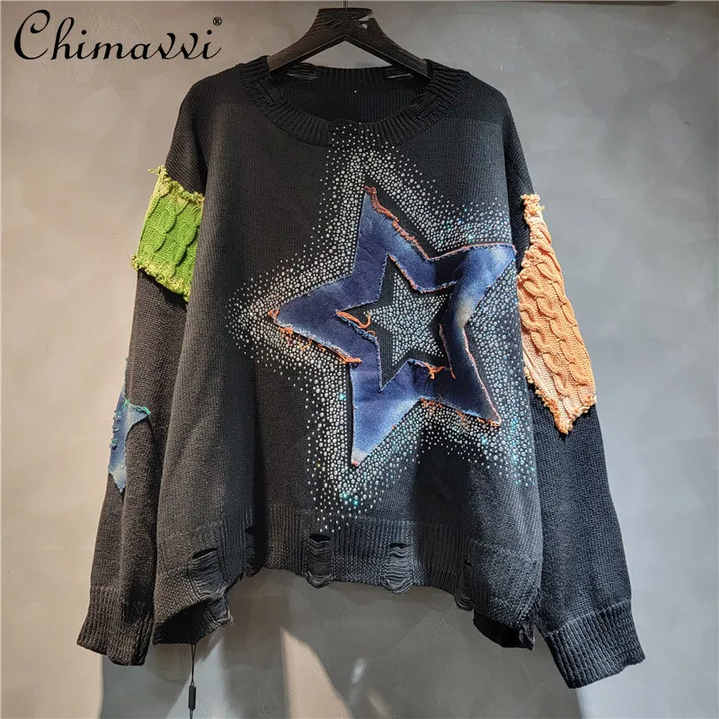 Loose Patch Splicing Contrasting Color Ripped Round Neck Long-sleeved Knitted Tops Autumn Fashion Loose Pullover Sweater Women