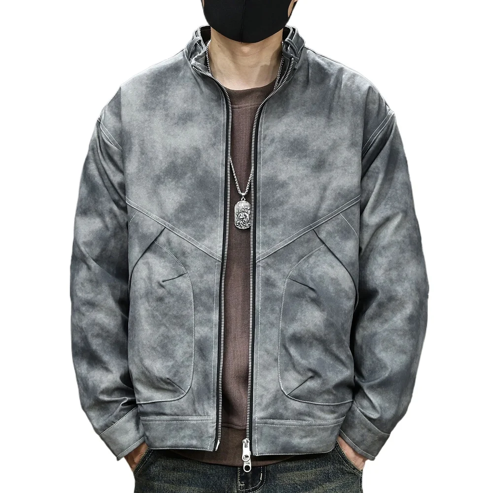 

Men's Autumn Streetwear Fashion Vintage Stand Collar Loose Casual Tie-dye Cargo Motorcycle Jacket Man Coat Outerwear