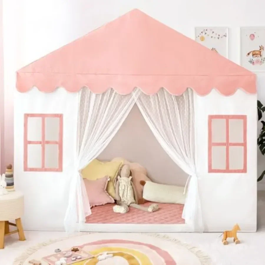 

Indoor kids play tent with mat, princess castle playhouse for girls, pink polyester play tent with easy setup and ventilation w