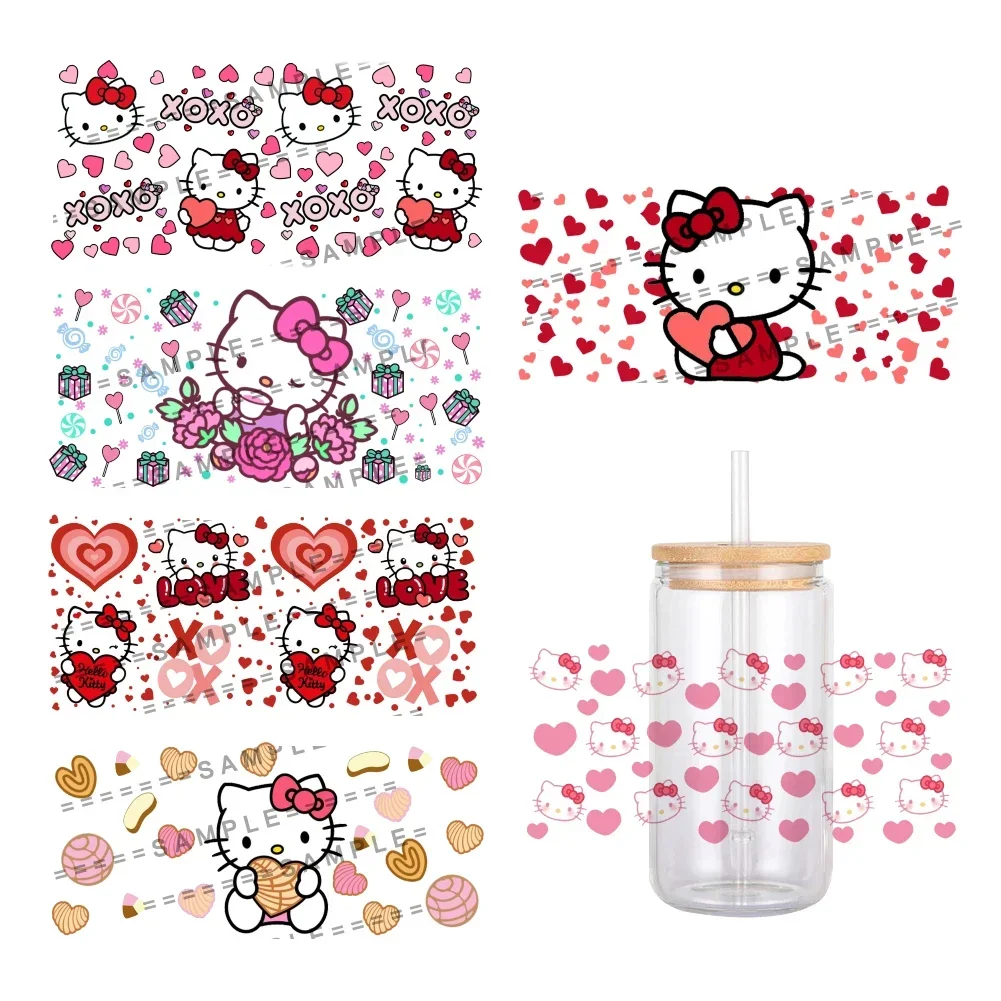 Valentijnsdag Sanrio Hello Kitty UV DTF Transfer Sticker Waterdichte Transfers Decals Voor 16oz Glazen Cup Wrap Stickers