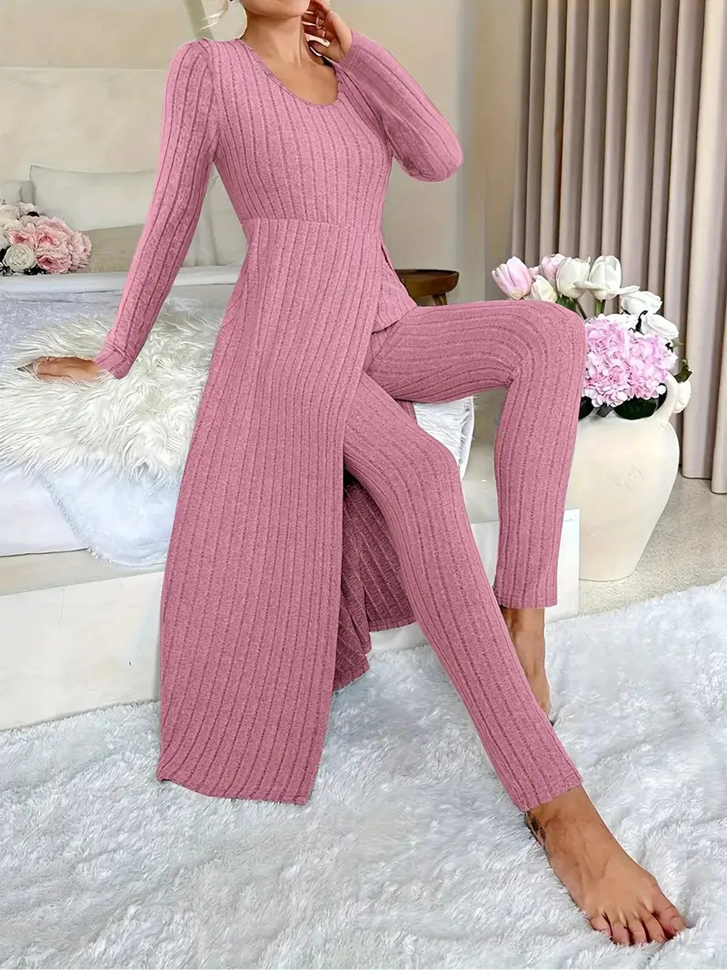 Women 2-piece Ribbed Pajama Set Loungewear Casual Homewear Long Sleeve Side High Split Dress Top with High-waisted Leggings Set