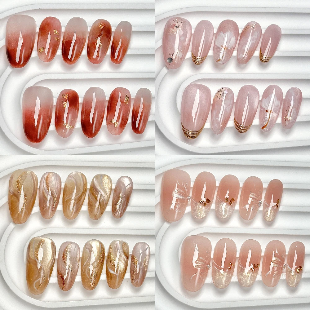 

Vintage Gentle 3D Flower Handmade Almond Wearable Press On Nails Bowknot Butterfly Cat Eyes Diamond Pearl French Fake Nails