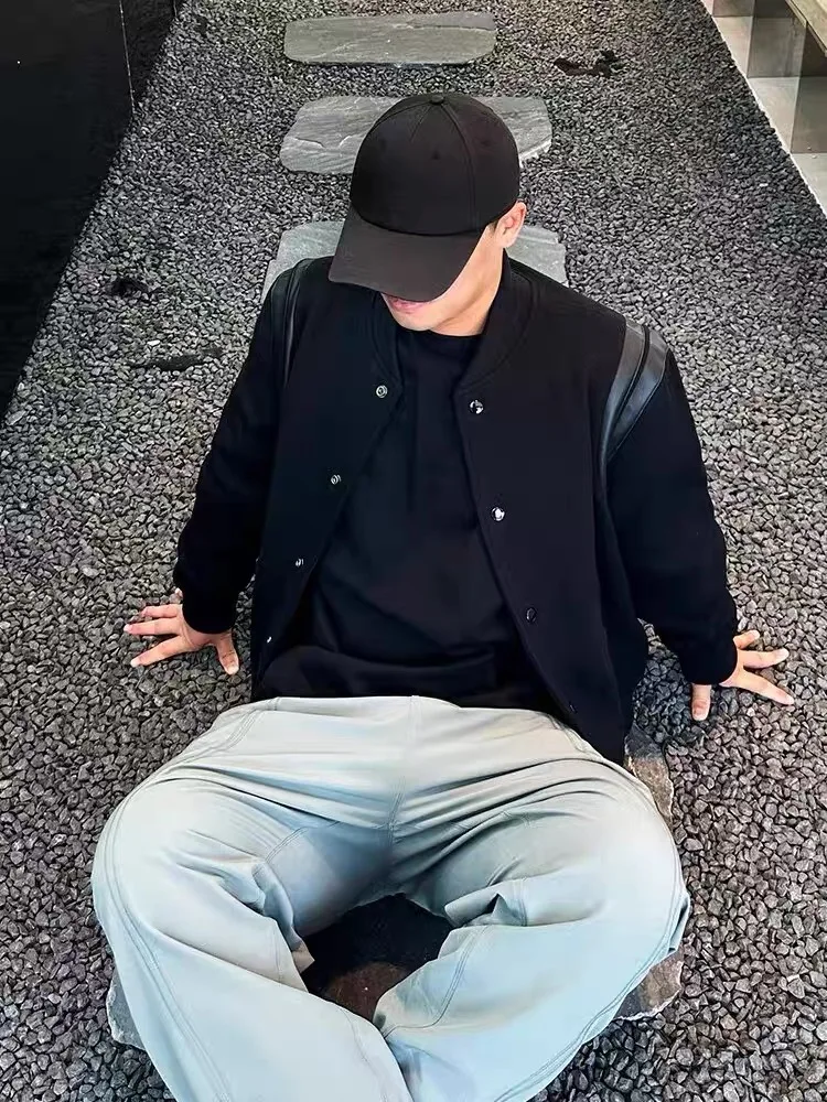 

Men's Casual Baseball Jaet PU Leather Patchwork Spring Trendy Bla Simple Retro Loose Fit Cotton Long Sve irt