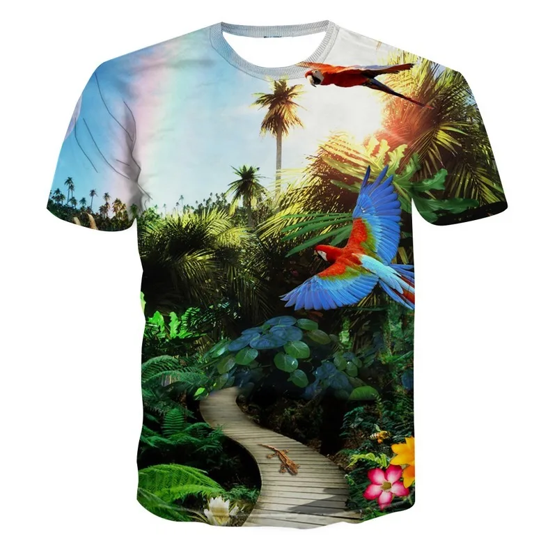 Beautiful Parrot Print Summer Short Sleeve Shirt Men's Children's T-shirt Fashion 3d Bird Pattern Round Neck Top Street Clothing