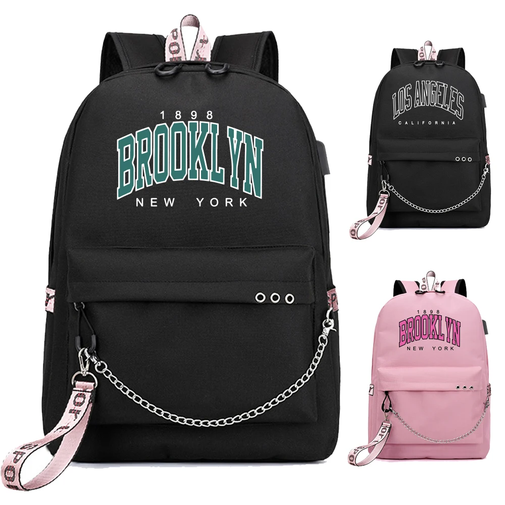 Brooklyn Letter Backpack Popular Music Fashion Travel Backpacks Outdoor Sport School Bag