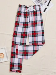 Red & Pink Plaid Women's Pajama Pants Elastic Drawstring Waist Sleep Trousers Full Length Buttom Sleepwear Nightwear Lounger