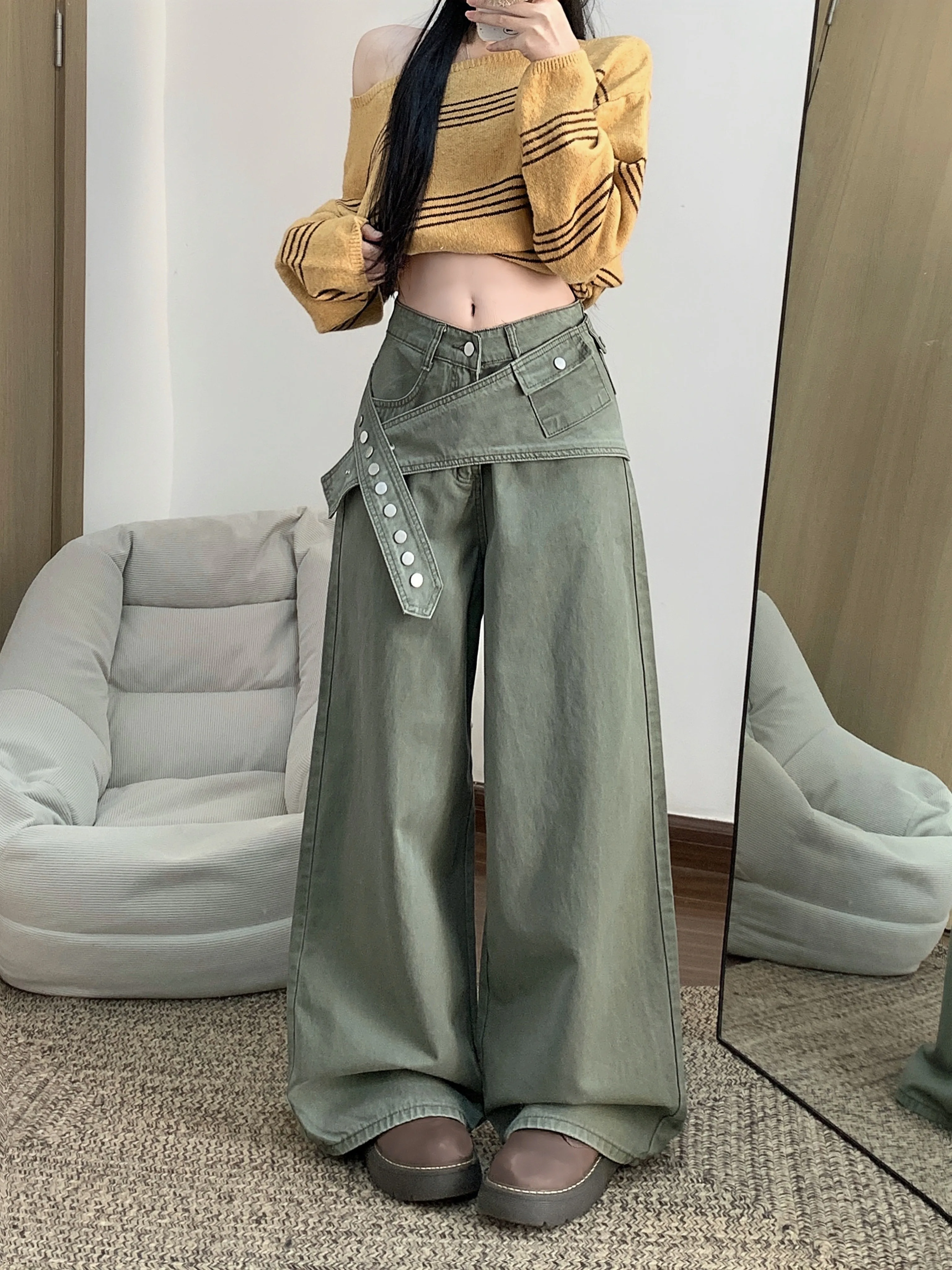 Women's Green Casual Denim Jeans Cargo Baggy Y2K Harajuku High Street 2000S Style Cute Retro Wide Leg Jeans Long Pants Clothing