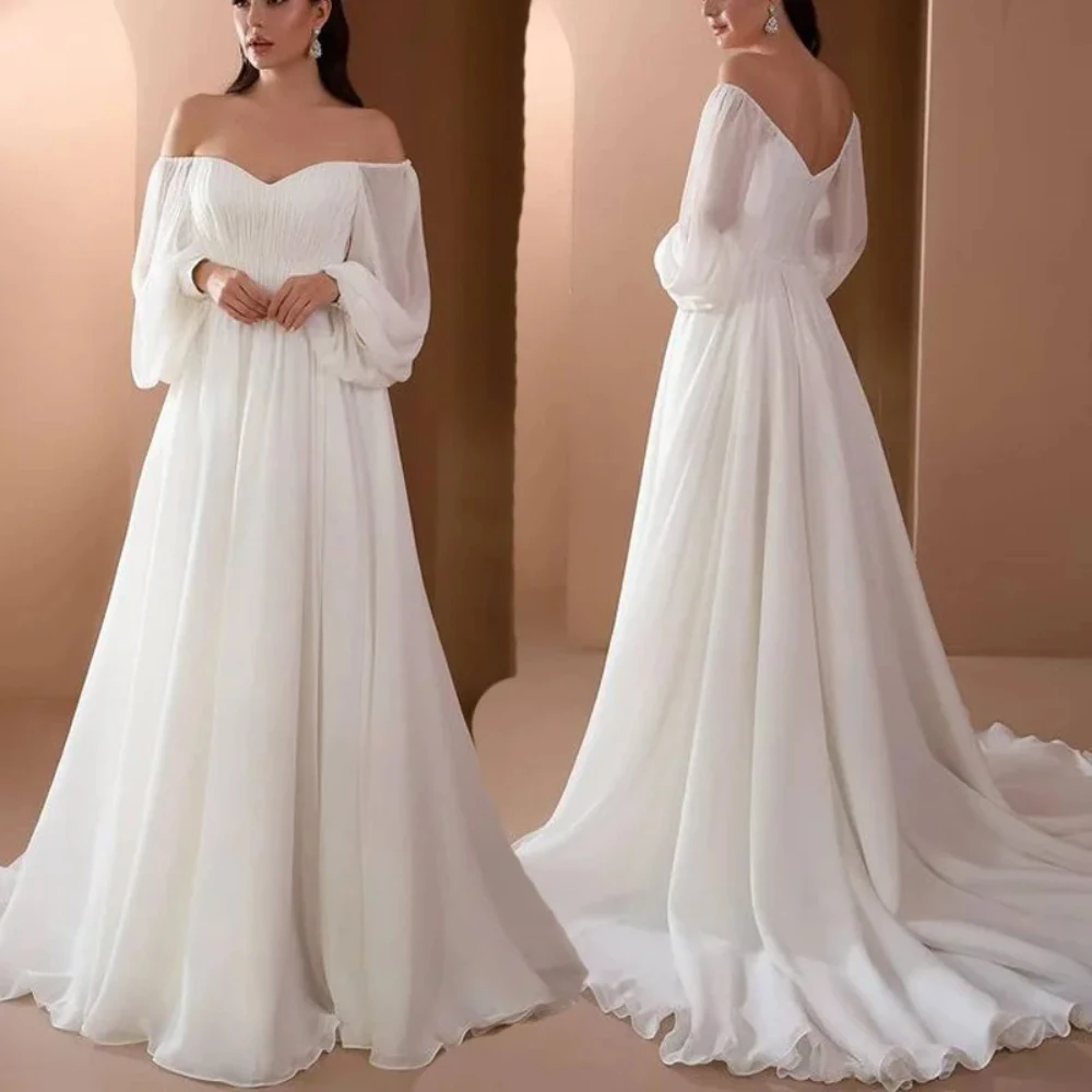 Luxury Wedding Dress For Bridal Ladies Pure Chiffon Long Sleeve Off The Shoulder Evening Party Dress Robe De Mariage Prom Gowns