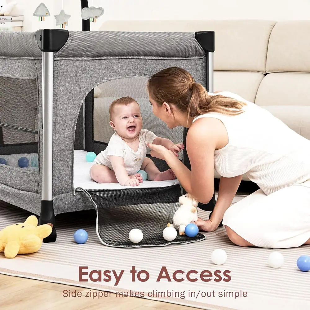 لعب رمادي 4 في 1: سرير قابل للتحويل، سرير بجانب السرير، مبدل الحفاضات لحديثي الولادة إلى الأطفال الصغار