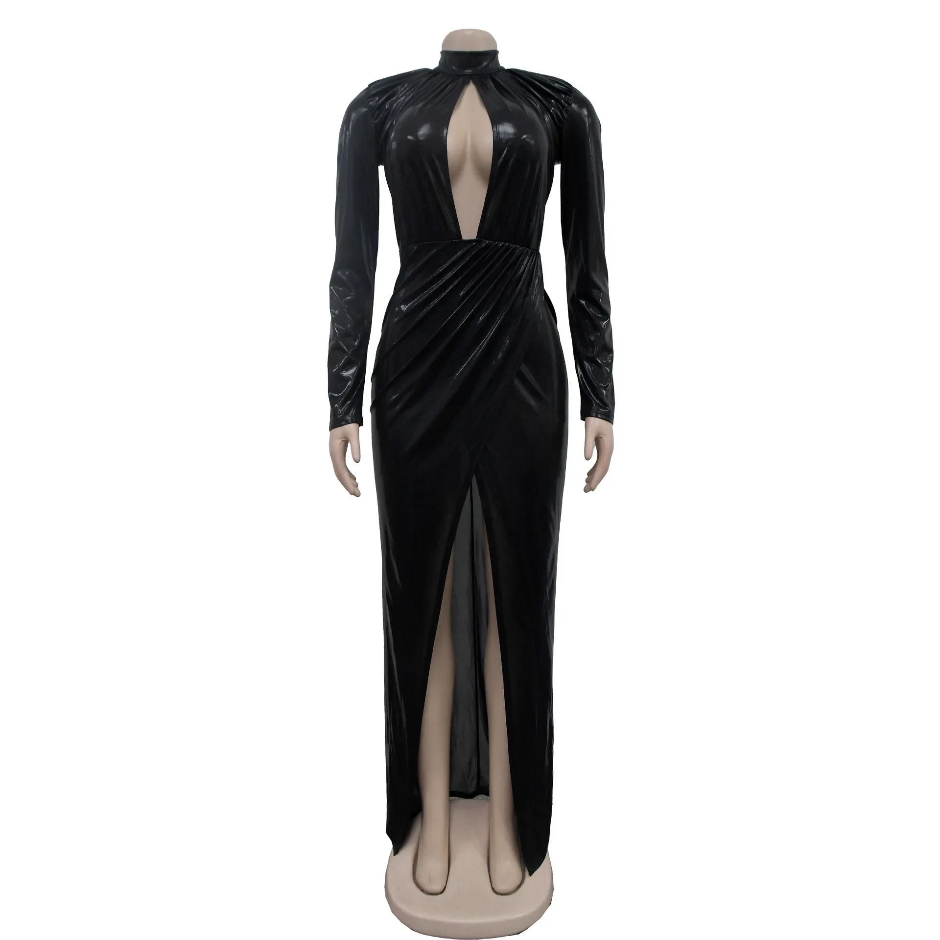 Long Dresses for Women Streetwear 2024 Spring Fashion Gold Plated Mock Neck Pleated High Split Sexy Evening Maxi Dress Female