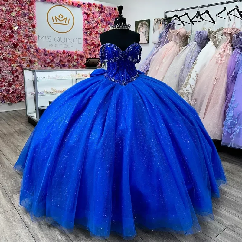 ANGELSBRIDEP gaun Quinceanera gadis Meksiko biru mewah Vestidos De 15 Quinceanera manik-manik kristal payet mewah manis 16 gaun