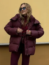 Abrigos elegantes con capucha color Burdeos para mujer, Chaqueta de algodón con cremallera y solapa a la moda, ropa de abrigo cálida para invierno para mujer