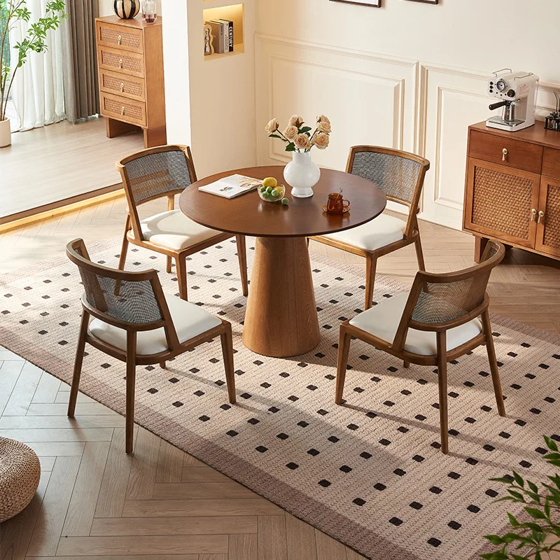 

New Chinese rattan solid wood dining table modern simple wabi wind hotel restaurant soft bag backrest rattan chair round table