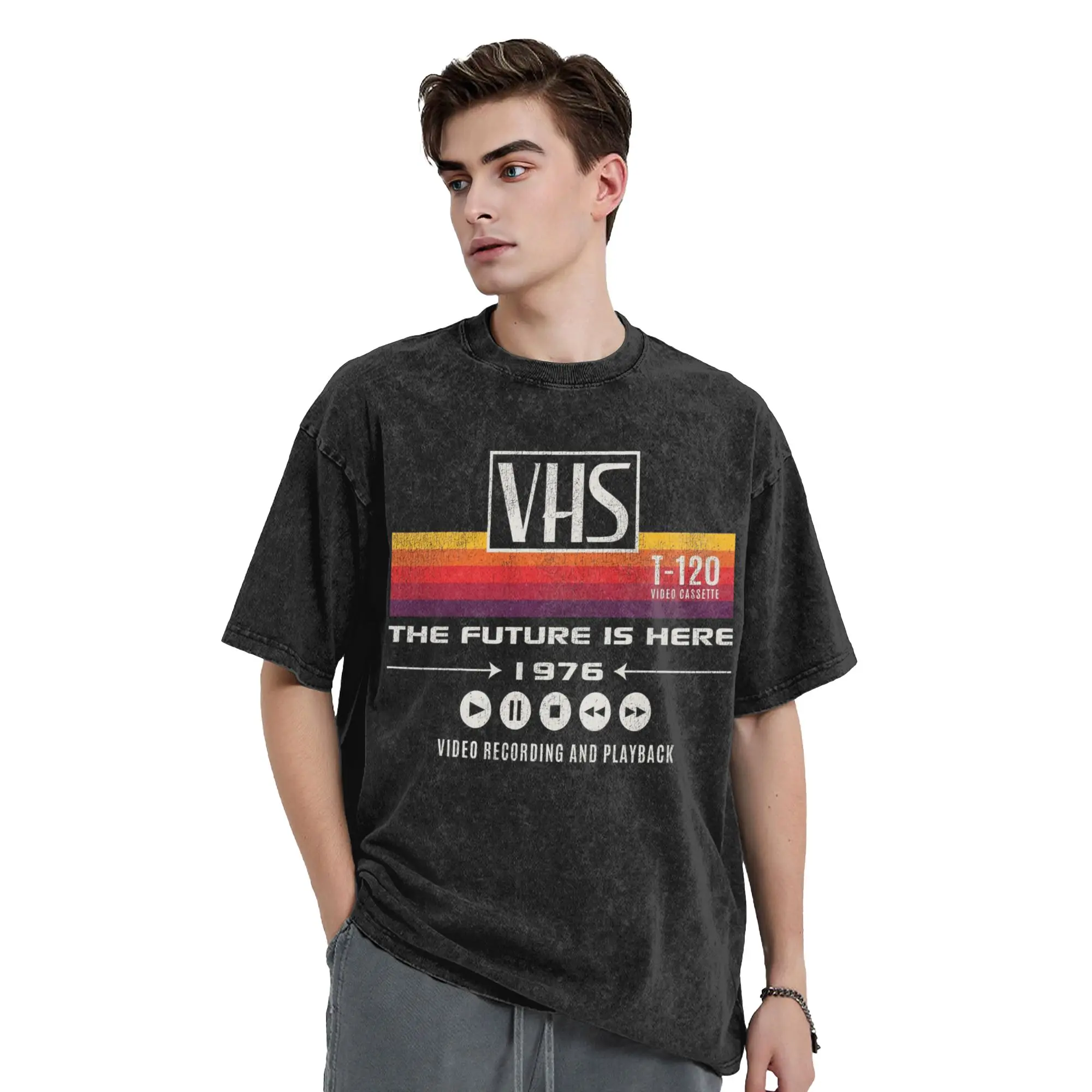 Washed T Shirt VHS The Future Is Here 1976 Worn Out Video Tape Hip Hop T-Shirt Streetwear 100% Cotton Summer Tees for Men Women