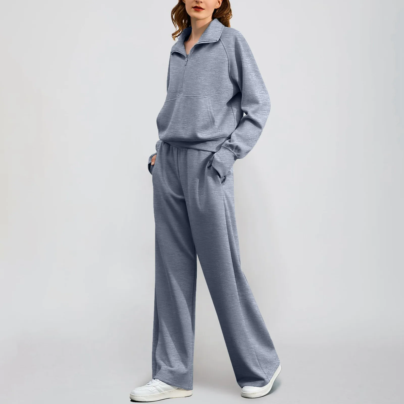 

Women Trousers Suit 2 Piece Outfits Set Oversized Half Zipper Lapel Sweatshirt Wide Leg Sweatpants Sweatsuit Keep Warm Autumn