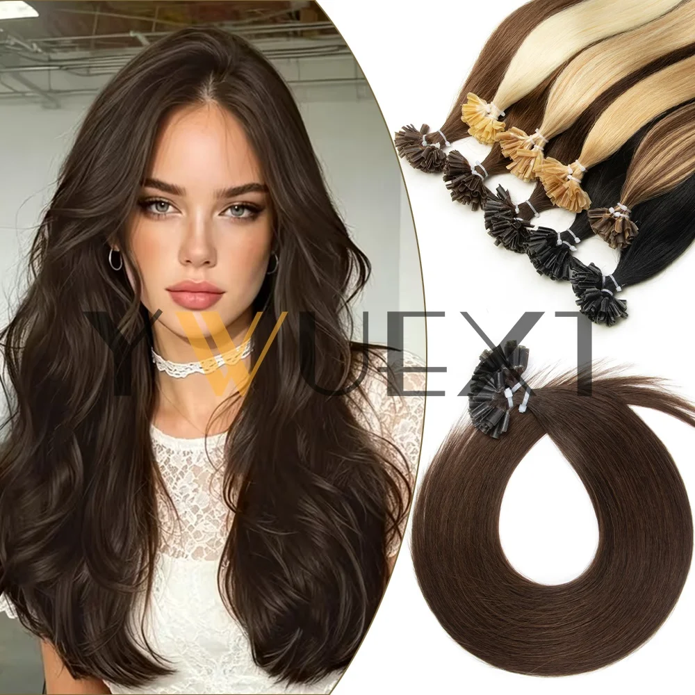 50 ciocche di extension per capelli con applicazione a U, realizzate con capelli umani di alta qualità, con cheratina, applicazione a caldo, liscie, naturali, morbide, disponibili in nero, castano e