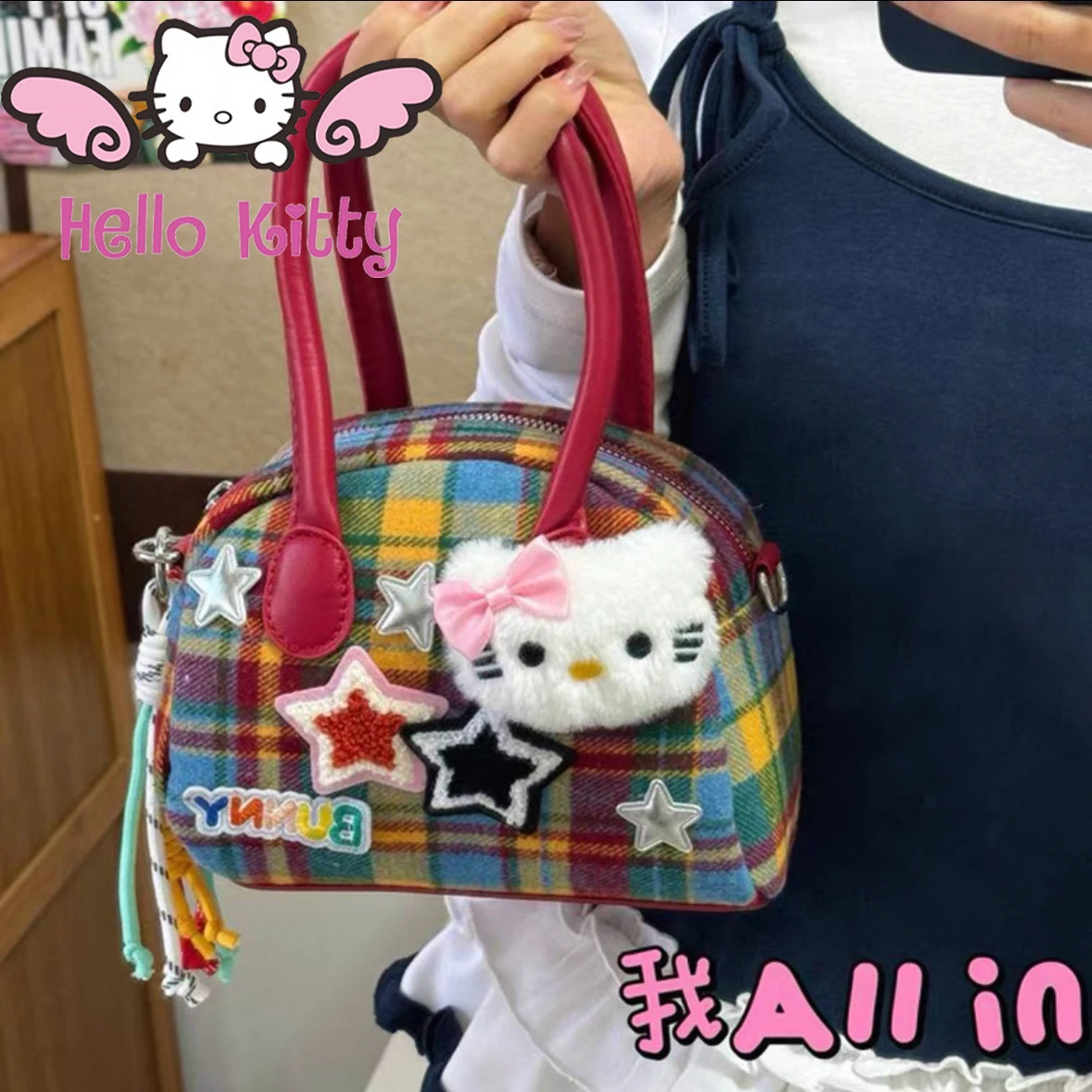 

Japanese Hello kitty Merat checkered handbag retro color clash high quality Women's fashion crossbody bag Girl's Birthday Gift