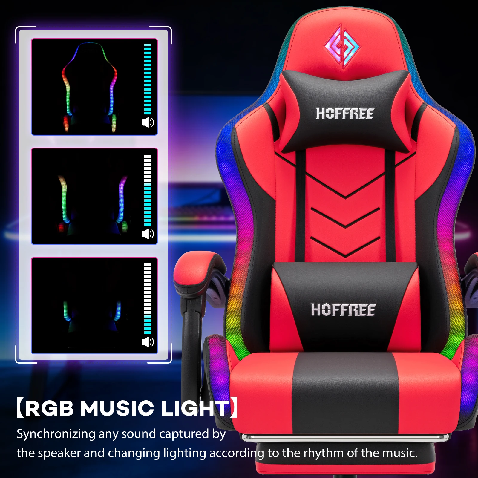 Silla de Oficina Ergonómica para Juegos con Luces LED RGB de Ritmo Musical, Altavoces Inalámbricos, Reposapiés Integrado y Funciones de Masaje, Soporta hasta 400 libras