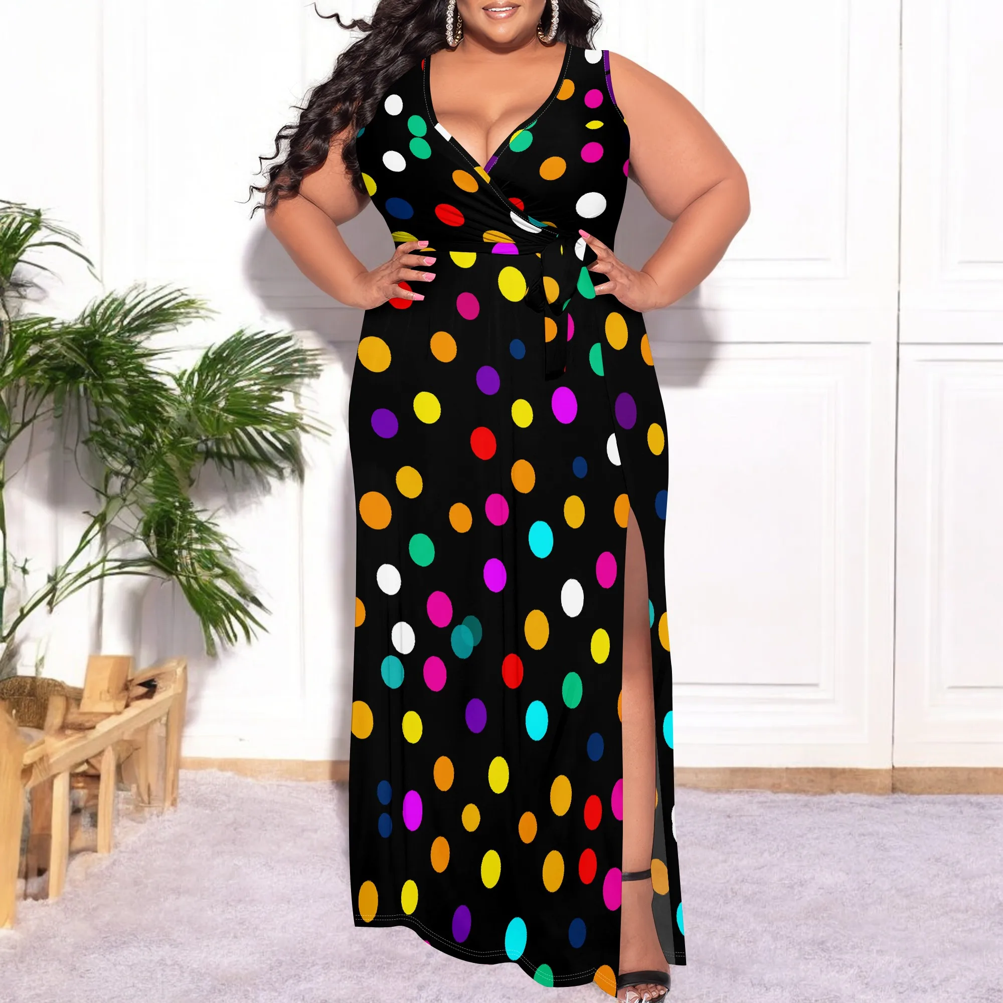 

Colorful Polka Dot Maxi Dress XL-6XL V-Neck Plus Size Wrap Style for Summer Carnival or Retro Party