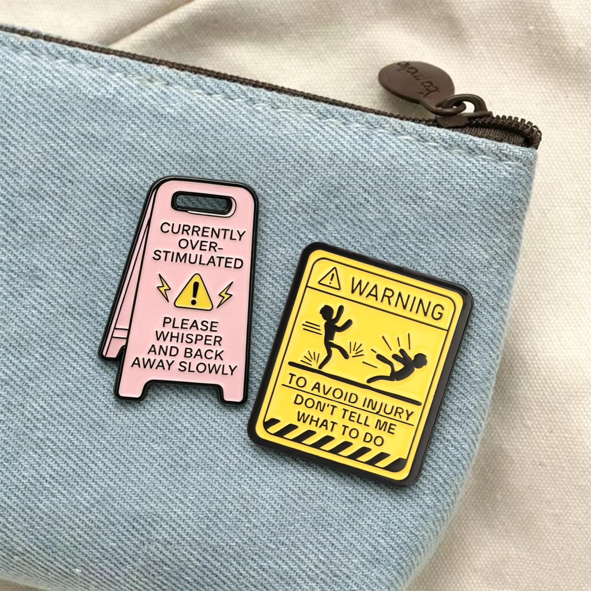 Warning Sign Enamel Pin 2Pcs Alloy Lapel Badge Over-stimulated Brooch Decor For Jacket Backpack Jewelry Accessory Pins Wholesale