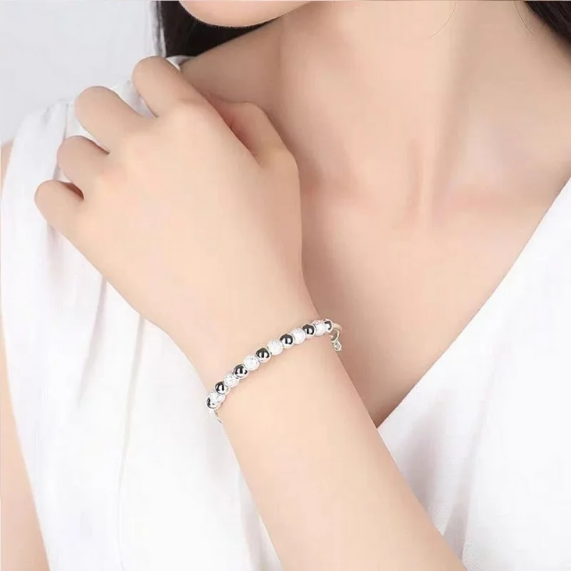 

925 Sterling Silver Beaded Bangle Bracelet for Women Adjustable Open Cuff Bracelet Minimalist Jewelry Gift for Her