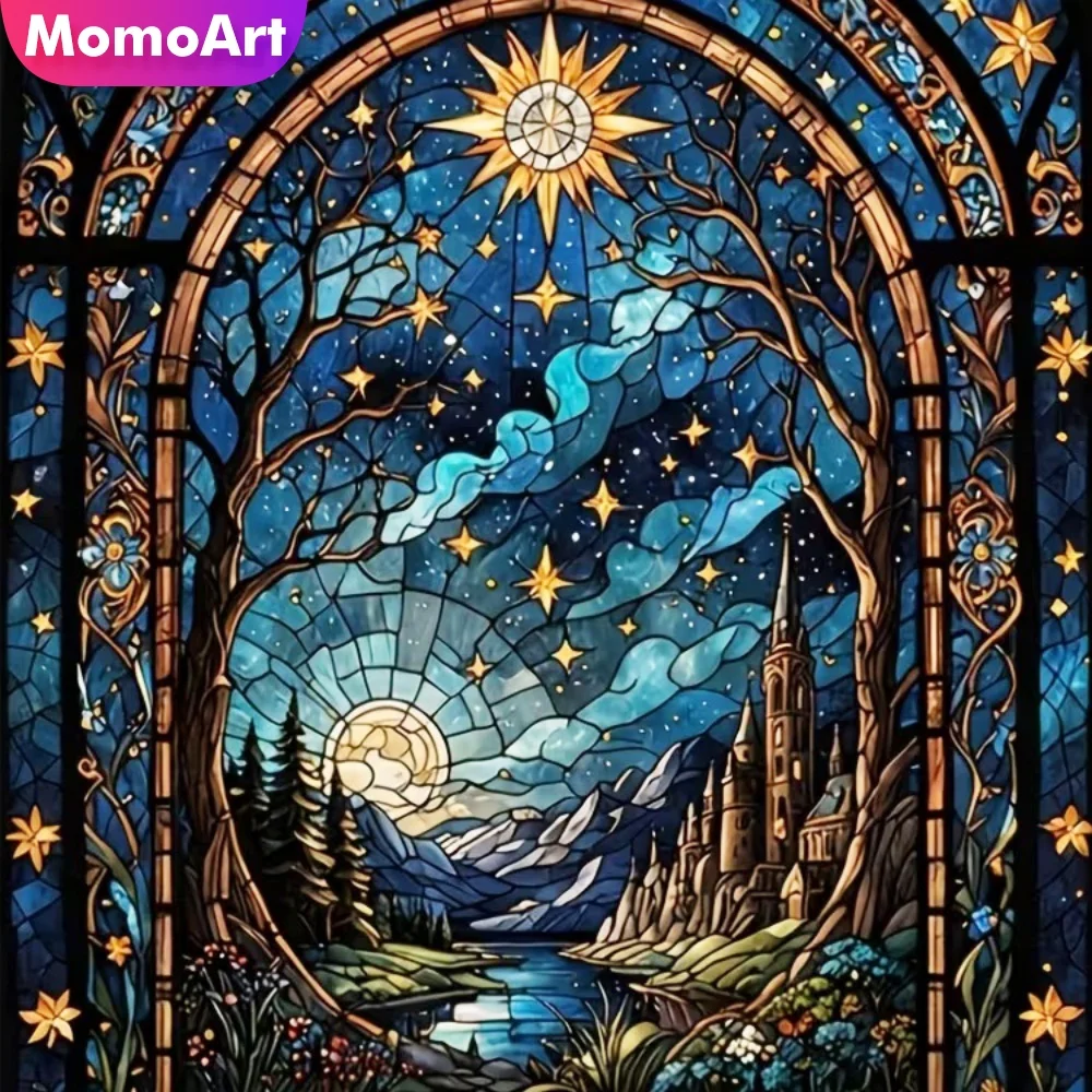 Momoart Sonnenuntergang Diamant-Mosaik Landschaft Schloss Diamantmalerei Haus DIY Geeignet für Anfänger Fluss Urlaub Geschenke Heimdekoration