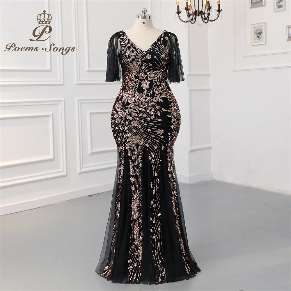 

Plus Size Black Evening Dresses with Sexy V Neckline Robe De Soiree Femme Formal Party Dresses married dress Maxi dress