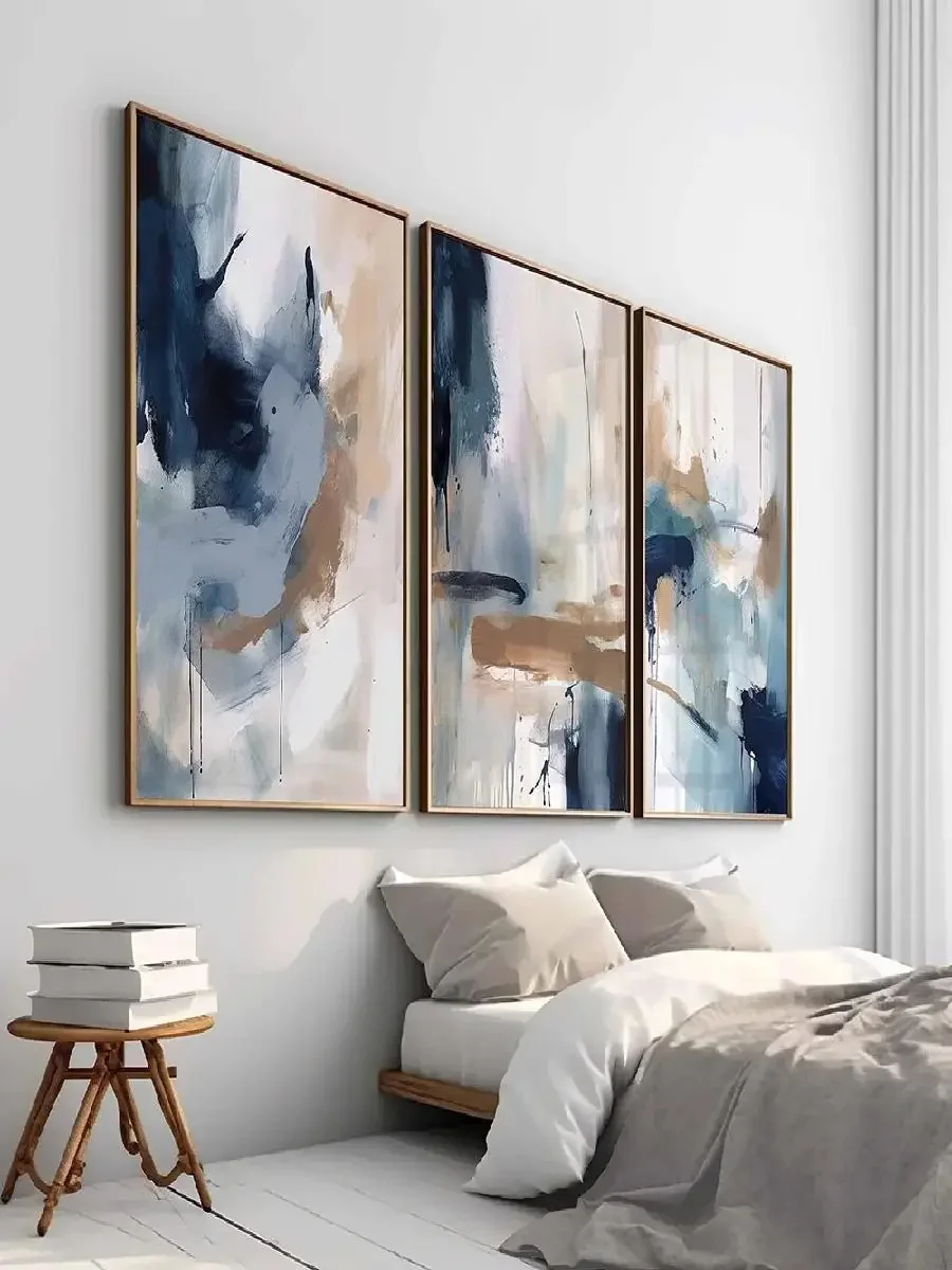 Navy Blue Watercolor Brush Abstract Poster  Nordic Minimalist Art Print Boho Canvas Painting for Living Room Wall Decor