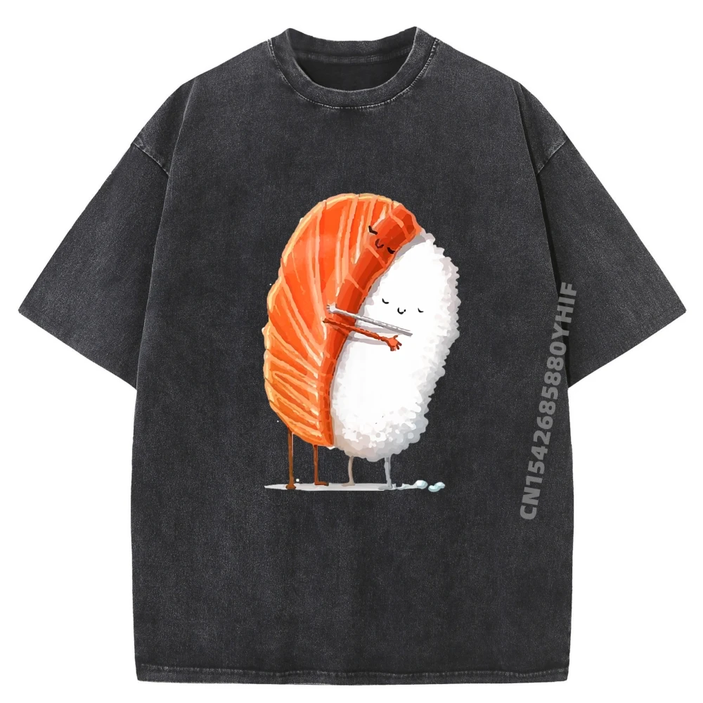 

Funny Printed Tshirt Sushi Hug Adorable Graphic Tee Cotton Comfortable Shirt Men Retro Washed Tops & Tees Japan Style