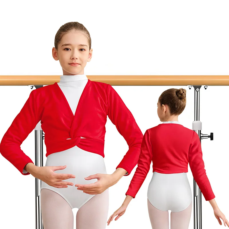 ﻿   Justaucorps de danse de Ballet à manches longues et col en v pour filles, Cardigan enveloppant de danse de gymnastique pour enfants, hauts avec pull de danse intérieure en velours