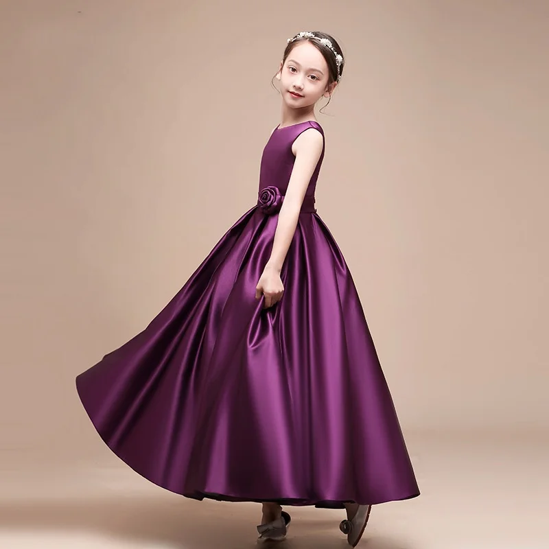 Children's Host Princess Dress Satin Fairy Flower Girl Wedding Dress for Piano Walk Show Piano Performance Graduation Ball Gown