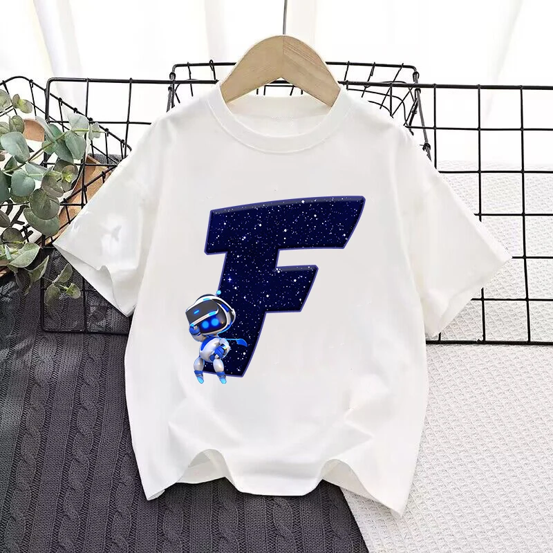 Astro Bot Kids T-shirts Anime Robot Figures Printed Letter Tees Game Short Sleeves Summer Tops Boys Girls Children Clothing Gift