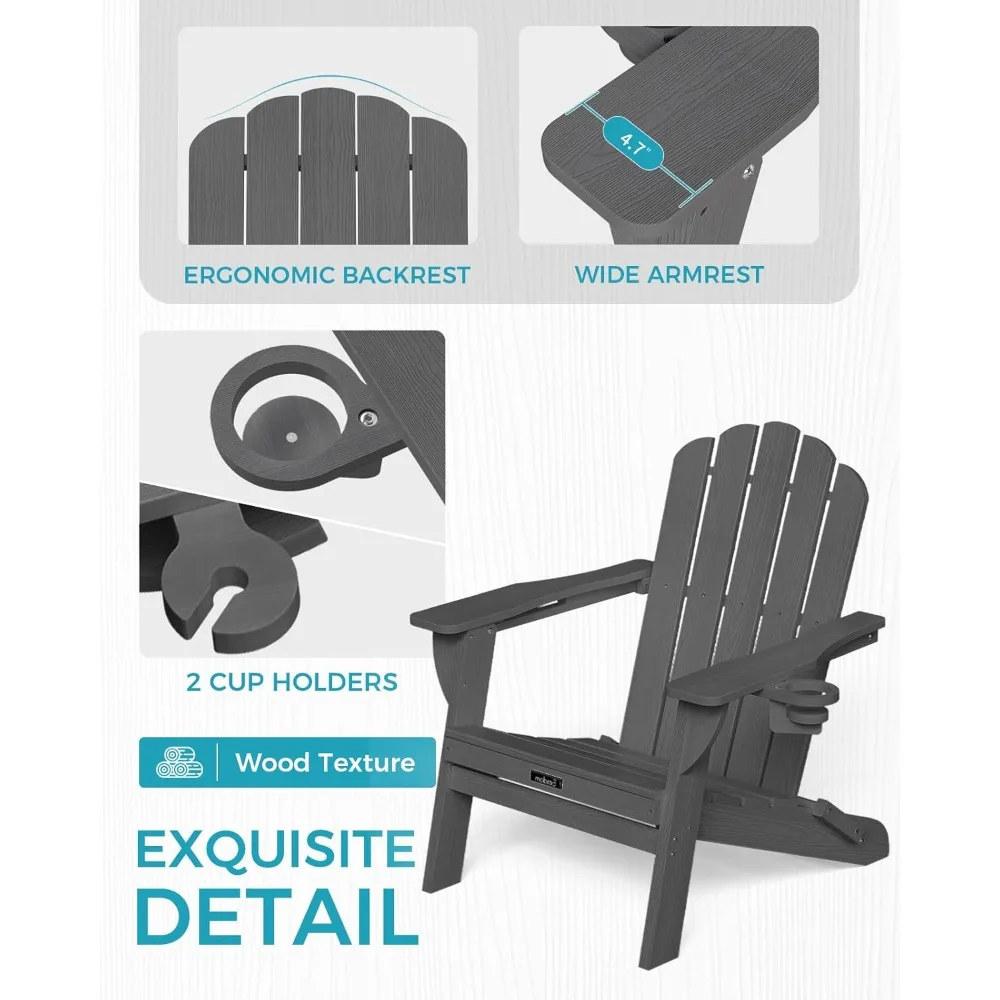 Cadeira dobrável Adirondack, cadeira Adirondack HDPE com 2 porta-copos, cadeiras para fogueira ao ar livre, jardim, pátio, cinza