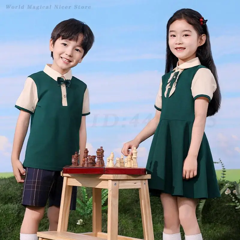 Crianças uniforme escolar do jardim de infância agasalho verão meninos esportes manga curta shorts meninas estilo acadêmico vestido cosplay traje