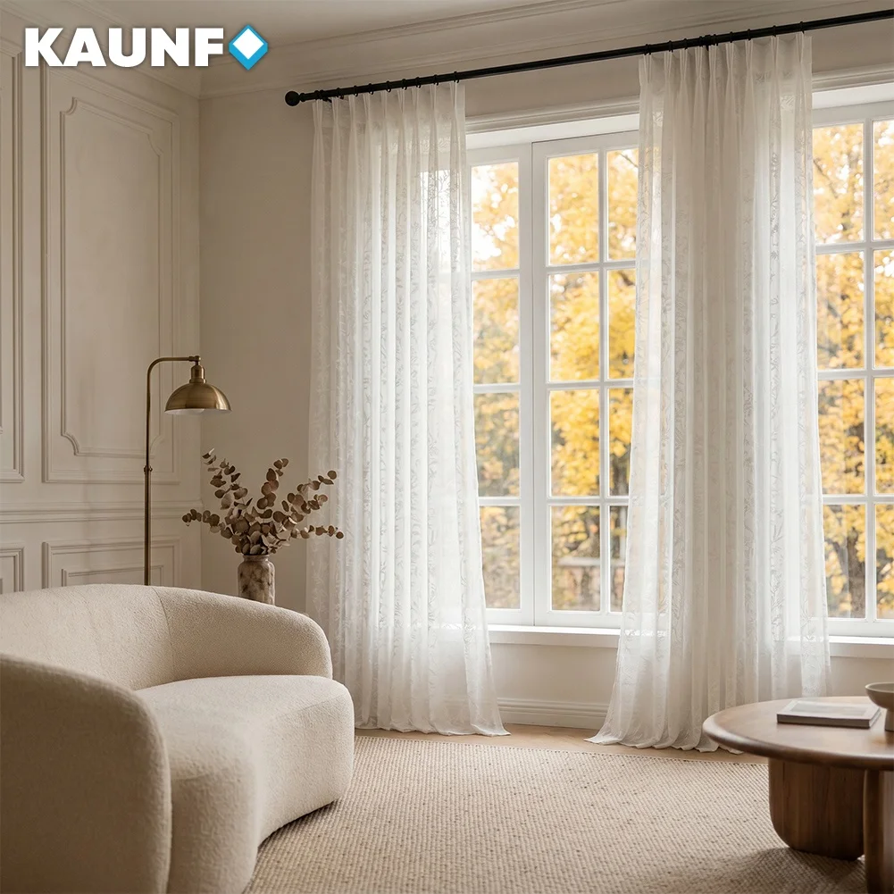 Embroidery Leaf Sheer Warp Knitting Voile Curtain for Bedroom Living Room Balcony Transparent Tulle Drapes Home Decor