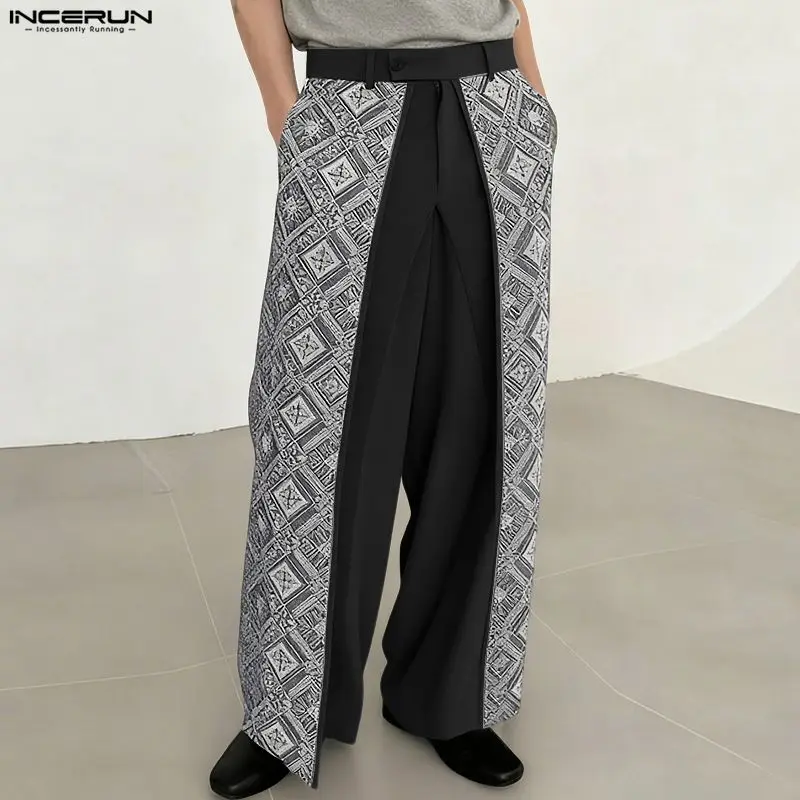 

INCERUN Men Pants Printing Patchwork Button Joggers Loose Wide Leg Trousers Men Streetwear Fashion Male Irregular Pants S-5XL
