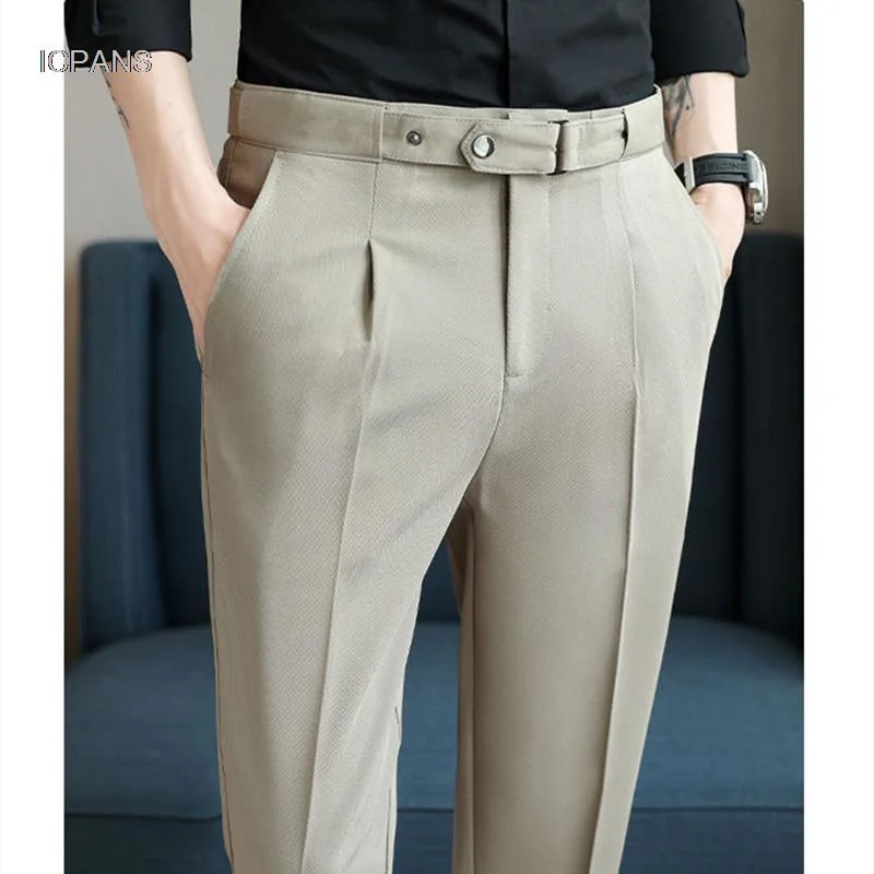 

Pleated Formal Suit Pants For Men Ankle Length Summer Slim Fit Korean Dress With Belt Business Trousers Male 2024