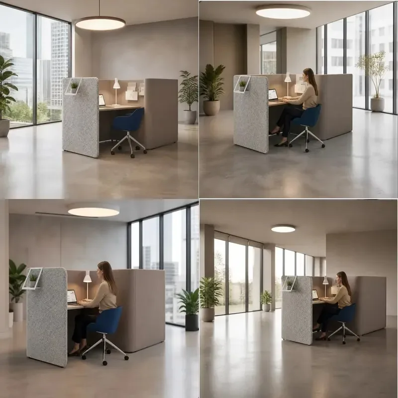 Open-plan office cubicles with carbon steel frames, double-sided chipboard desks, and wireless charging