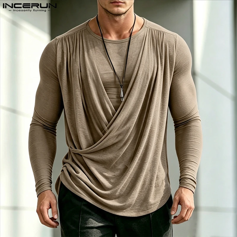 INCERUN Herren Unregelmäßiges T-Shirt Einfarbig O-Ausschnitt Langarm Casual Tee Tops für Männer Streetwear Plissierte Mode Herrenbekleidung