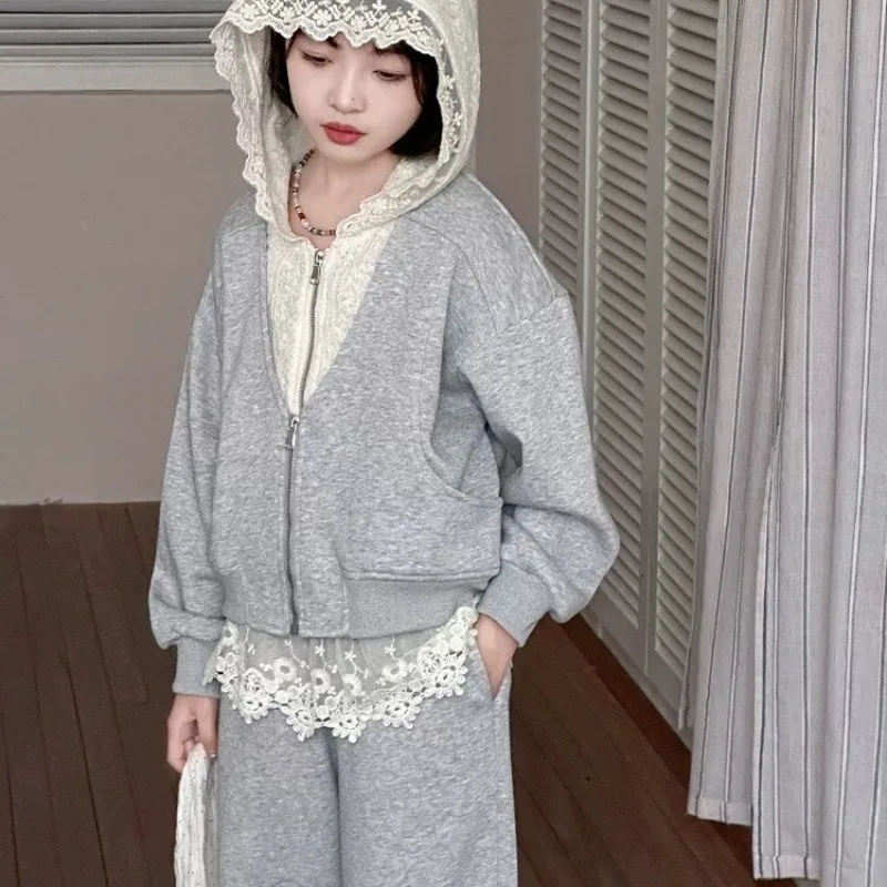 

Girls' Set Spring and Autumn New Big Children's Lace Hoodie Coat+Wide Leg Pants 2-piece Set 110-170cm