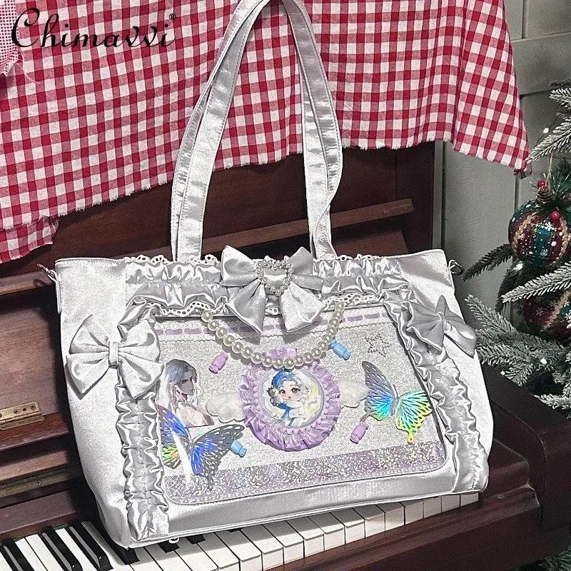 Japanese Style Sweet Satin Princess Pain Bag 2026 New Cute Bow Heavy Pearl Lace Tote Bag Kawaii Girl Women's Elegant Handbag