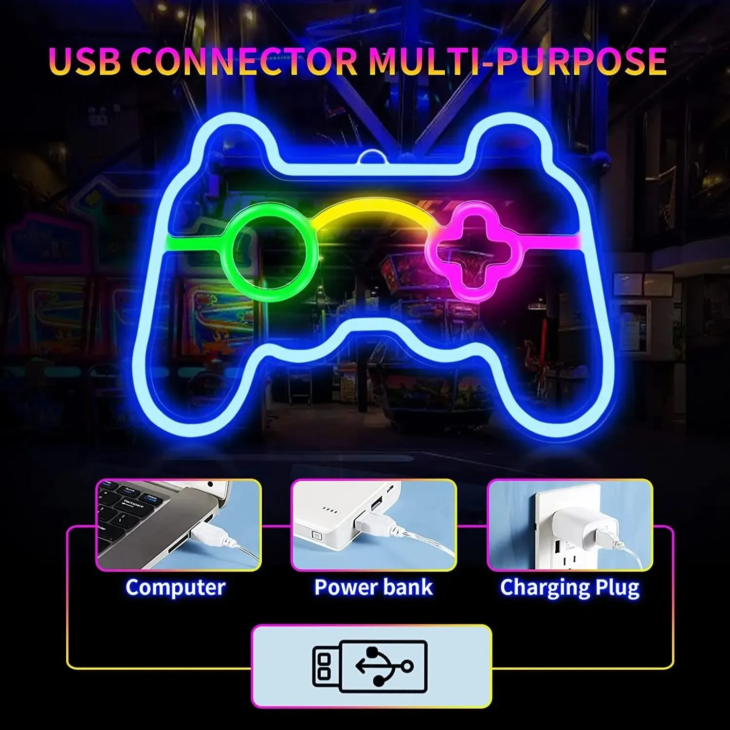 USB 게임 콘솔 핸들 모양 침실 어린이 방 게임룸 장식 LED 네온 조명