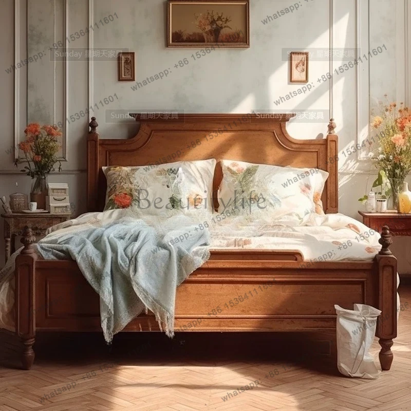 American retro style solid wood backrest bed carved simple Roman column double bed
