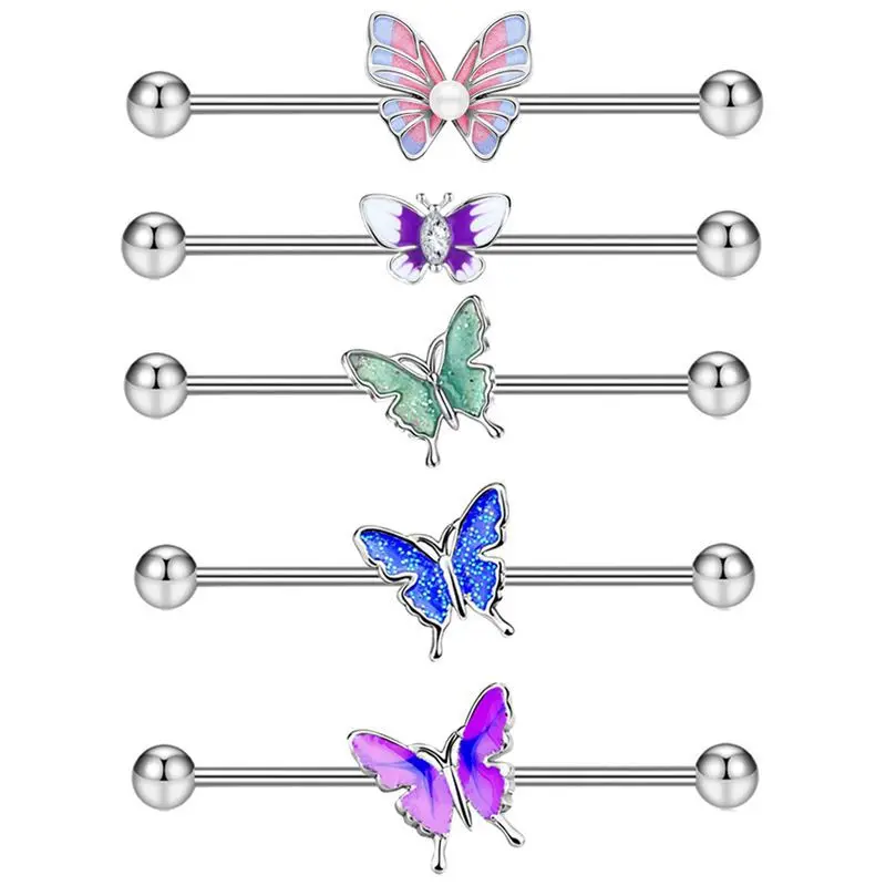 1PC Stainless Steel Industrial Piercing Butterfly CZ Ear Bridge Cartilage Straight Barbell Earring Tragus Helix Body Jewelry 14G