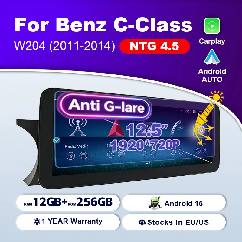 12.5 Inch Screen Android 15 Carplay For Mercedes Benz C Class W204 S204 NTG 4.5 2011-2014 Android AUTO 1920*720P Car Radio Stereo Bluetooth Navigation GPS Multimedia Player 2DIN