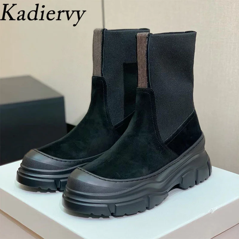 Thick Sole Motorcycle Boots Women Round Toe Slip-on String Bead Flat Platform Shoes Women Cow Suede Patchwork Short Boots Woman