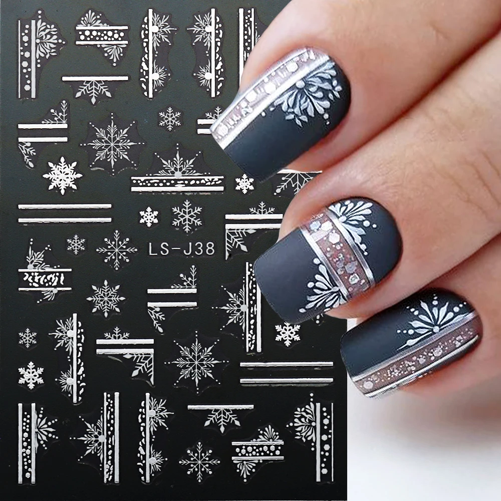 3D Holographic Silver Snowflake Nail Stickers Golden French Lines Self-adhesive Sliders for Nails Christmas Decor Wraps GLLS-J38