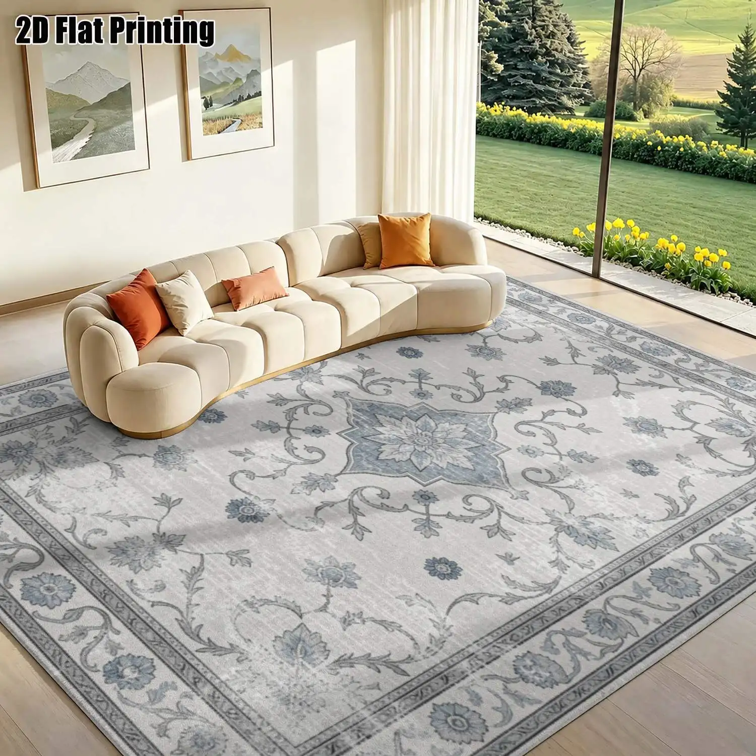 1Pc 2D Printed Light Brown Scrolling Flower Pattern European Retro Decor Carpet, Washable, Multi-Size for Home Multi-Scene Use